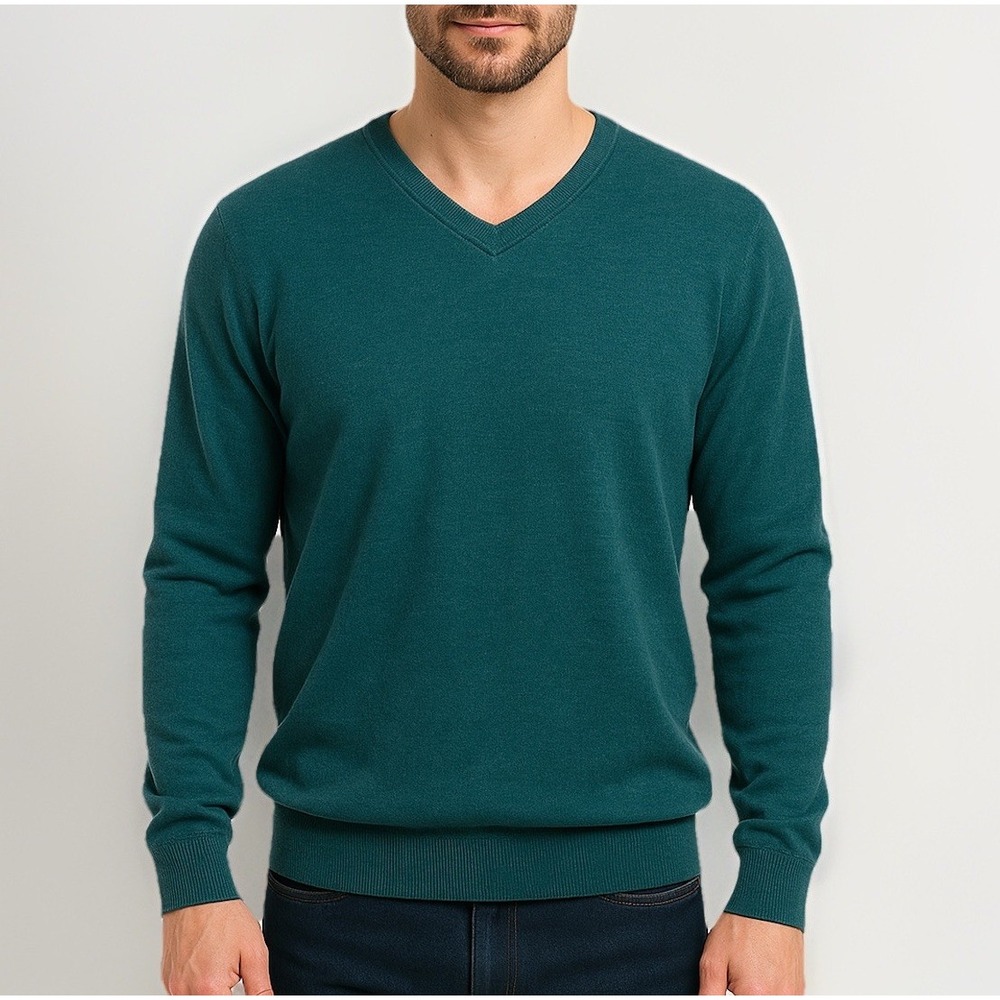 Jos A Bank V-Neck Sweater Men L Merino Wool Teal Blue Travelers Collection Soft